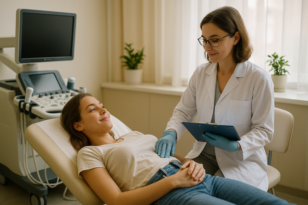 Médica ginecologista realiza exame em uma mulher jovem deitada em maca, em consultório moderno com equipamentos médicos ao fundo e iluminação suave