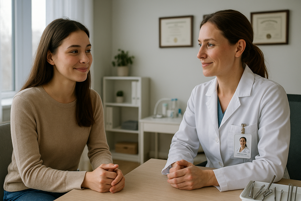 Mulher jovem sorri enquanto conversa com ginecologista em consultório moderno com móveis neutros e instrumentos médicos organizados