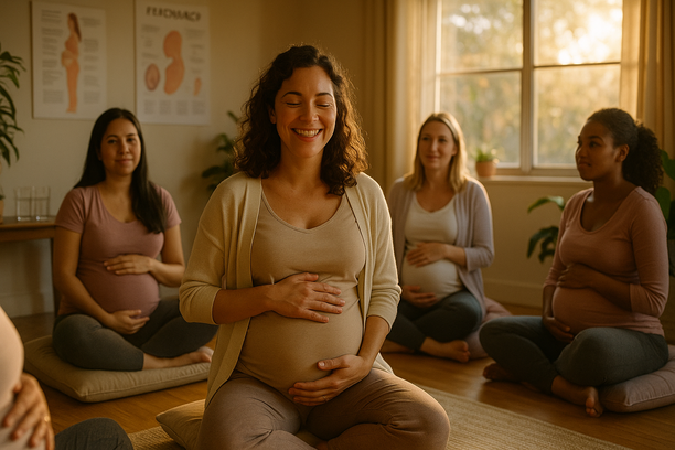 Gestante sorridente com as mãos na barriga participando de roda de conversa com outras grávidas sentadas em almofadas no chão, em ambiente iluminado pela luz do entardecer
