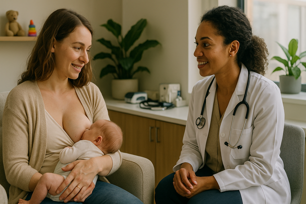 Mãe jovem amamentando seu bebê recém-nascido enquanto conversa com uma ginecologista em um consultório moderno e acolhedor