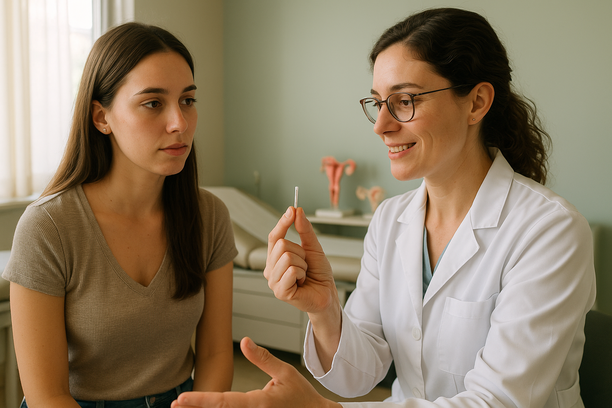 Médica segurando implante hormonal e explicando o procedimento a uma jovem paciente em consultório iluminado suavemente pela luz da manhã.