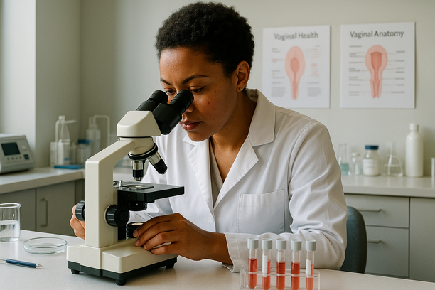 Mulher examinando uma amostra sob um microscópio em um moderno ambiente clínico com luz suave da manhã.