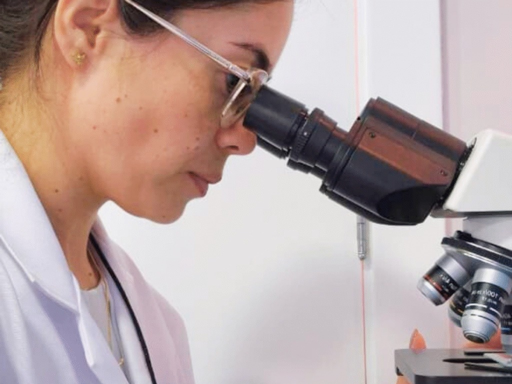 Microscopia vaginal sendo realizada em consulta ginecológica em Lavras