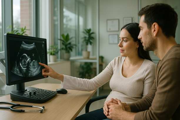 Médica obstetra examinando uma ultrassonografia de alta definição com uma gestante ao seu lado em uma clínica moderna.