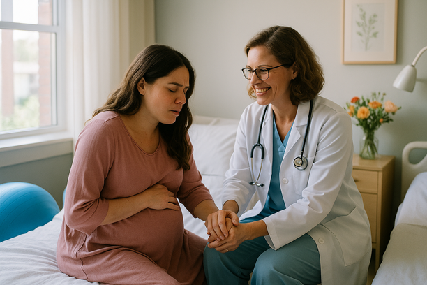 Mulher em trabalho de parto recebendo apoio de uma obstetra em um hospital acolhedor.