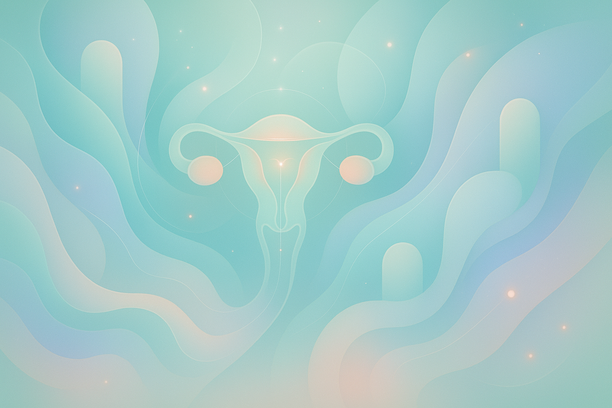 Composição abstrata representando a saúde ginecológica feminina com fluxos orgânicos, geometrias suaves e partículas luminosas em tons de verde menta e azul serenity.