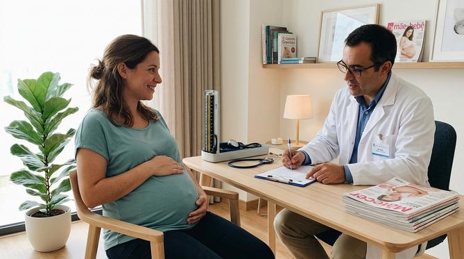 Gestante sorridente tocando a barriga em consulta com ginecologista-obstetra em consultório moderno e acolhedor.