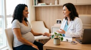 Uma gestante sorridente interagindo com uma profissional de saúde em um consultório médico moderno e acolhedor, transmitindo confiança e apoio.