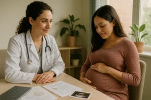 Uma obstetra atenta observa uma gestante em consulta, enquanto a mulher toca sua barriga carinhosamente em uma sala iluminada, com paredes pastel e plantas ao fundo.