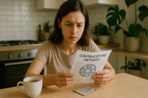 Jovem mulher preocupada lendo folheto sobre métodos contraceptivos em uma cozinha moderna com uma xícara de chá e pílulas abertas à sua frente.