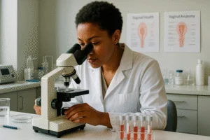 Mulher examinando uma amostra sob um microscópio em um moderno ambiente clínico com luz suave da manhã.