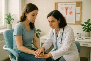 Uma ginecologista examina uma paciente em um consultório moderno e acolhedor.