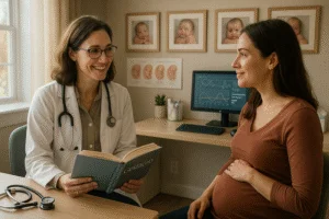 Médica obstetra realizando consulta de pré-natal em consultório aconchegante, sorrindo enquanto segura um livro sobre gestação e olhando nos olhos da futura mãe relaxada.