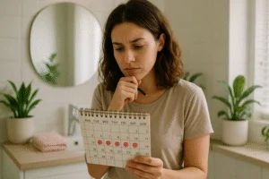 Uma mulher jovem pensativa analisando um calendário em um banheiro minimalista com plantas em vasos.