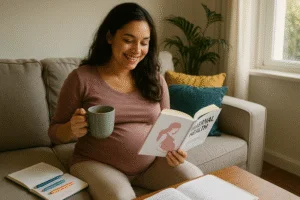 Uma mulher sorridente segurando uma caneca de chá e lendo um livro sobre saúde maternal em uma sala de estar acolhedora, com planta e almofadas coloridas ao fundo.