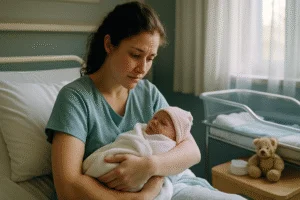 Mãe observa atentamente seu bebê nos braços em um quarto de hospital acolhedor, com uma expressão de alívio e preocupação.