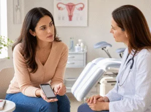 Mulher em consulta ginecológica sobre ciclo menstrual irregular em Lavras