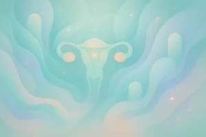 Composição abstrata representando a saúde ginecológica feminina com fluxos orgânicos, geometrias suaves e partículas luminosas em tons de verde menta e azul serenity.