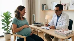 Gestante sorridente tocando a barriga em consulta com ginecologista-obstetra em consultório moderno e acolhedor.